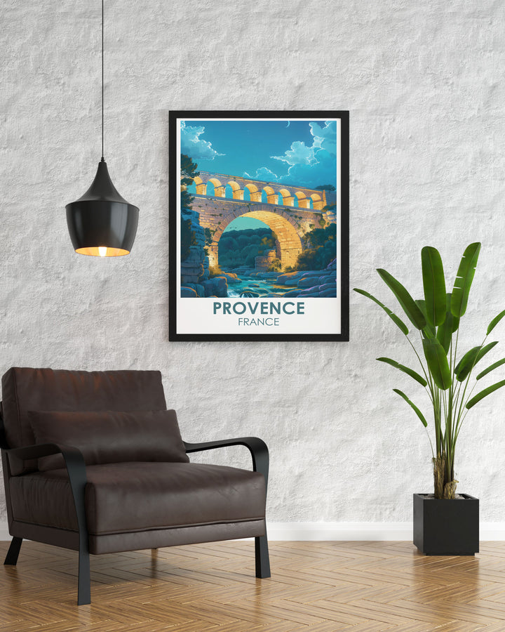 Discover the ancient engineering marvel of the Pont du Gard with this travel poster, showcasing the towering Roman aqueduct set against the picturesque Provencal landscape.