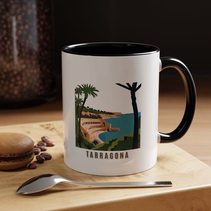 A premium Tarragona Spain mug displaying the citys scenic landscapes. Made from ceramic, dishwasher and microwave safe, combining practicality with artistic expression for everyday enjoyment or special occasions, celebrating Tarragonas unique spirit.