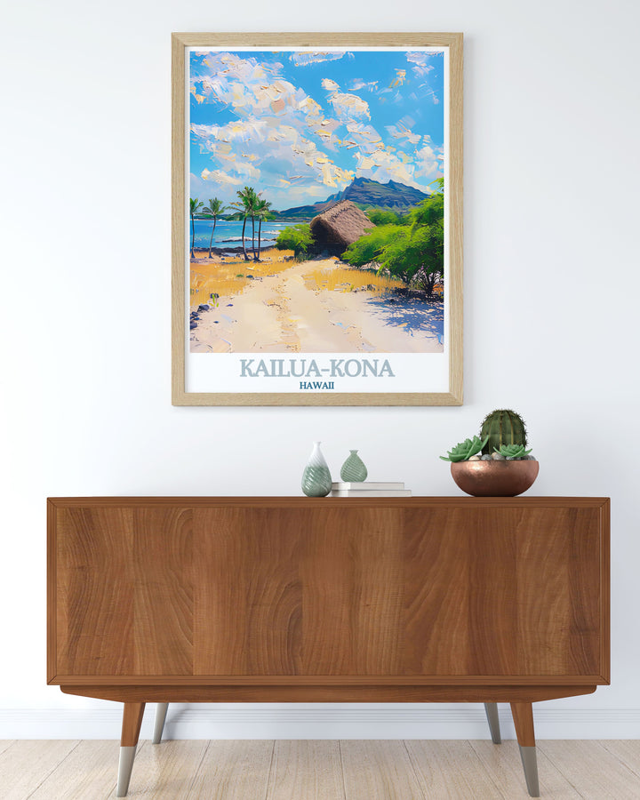 Captivating view of Kaloko Honokohau National Historical Park, showcasing its pristine beaches and cultural heritage. The print beautifully captures the essence of Hawaiis history and natural beauty.