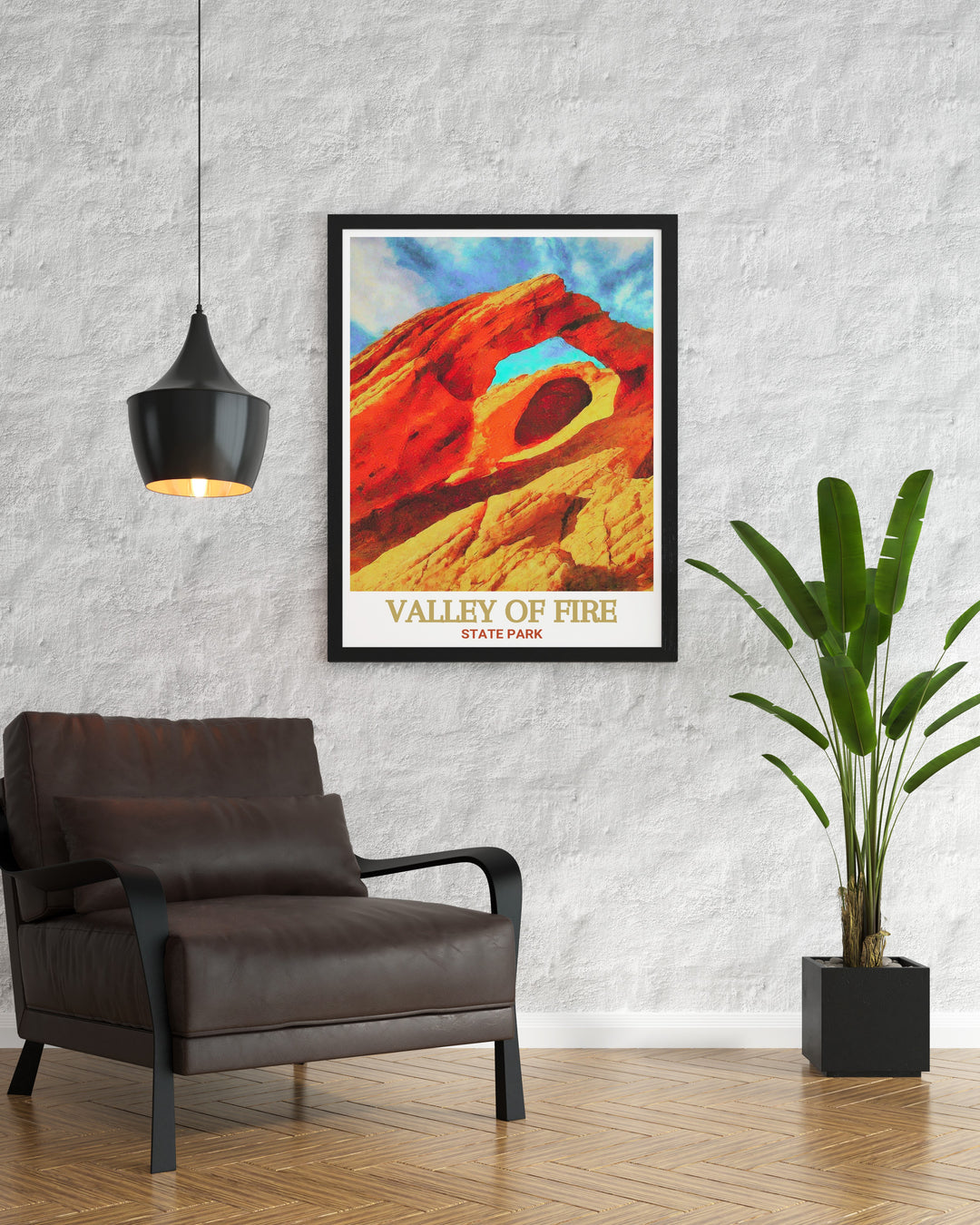 Arch Rock travel poster showcasing the stunning geological formation in Valley of Fire State Park, Nevada. This print highlights the intricate details and vibrant colors of Arch Rock, making it a captivating addition to any wall.