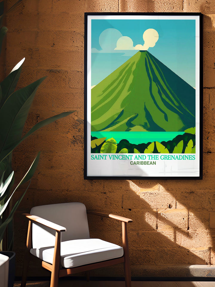 Framed art print of La Soufrière Volcano in Saint Vincent, showcasing the vibrant colors and breathtaking views of the Caribbean. This artwork adds a bold statement to any room, perfect for those who love nature and travel.