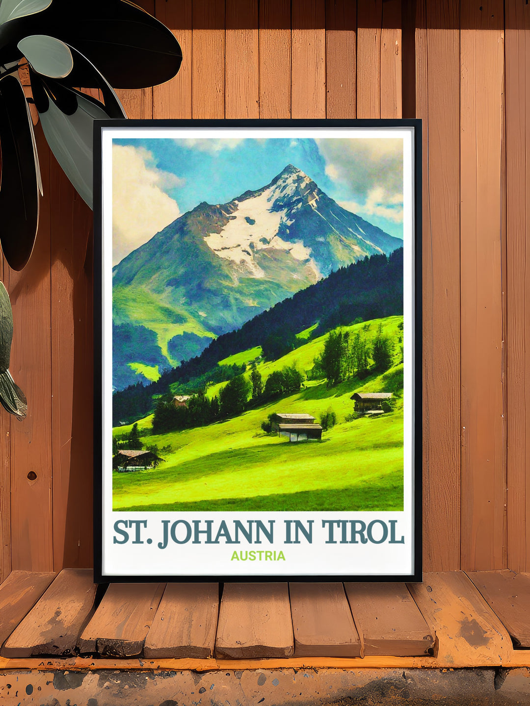 A detailed Austria travel print featuring the town of St. Johann in Tirol and the majestic Kitzbüheler Horn. This print captures the Alpine beauty of Austrias famous destinations, perfect for wall art lovers seeking a touch of nature and adventure.