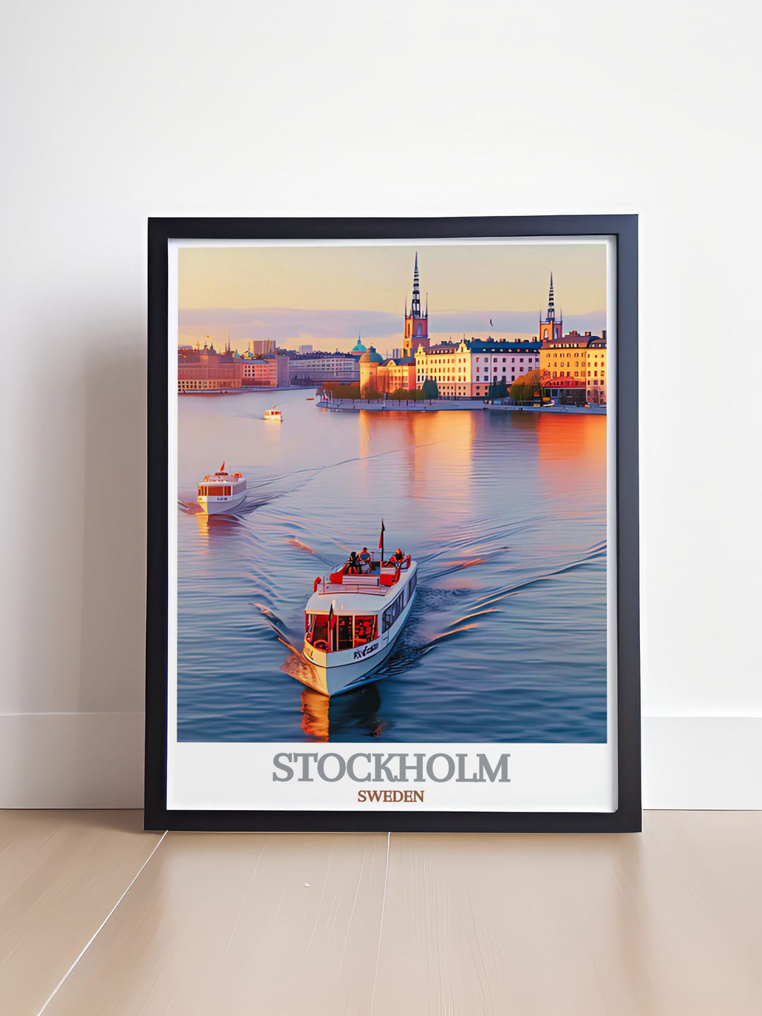 Enhance your living room decor with our Riddarfjarden modern art featuring black and white prints of Stockholm's serene waters and historic buildings a perfect addition to any contemporary space or as a special gift for loved ones