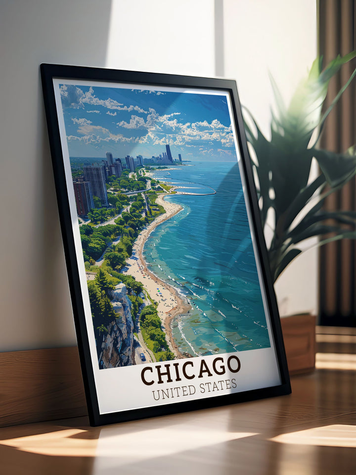 Detailed Chicago cityscape and Lake Michigan wall art capturing the essence of the Windy City and its stunning waters making a great addition to any home decor.