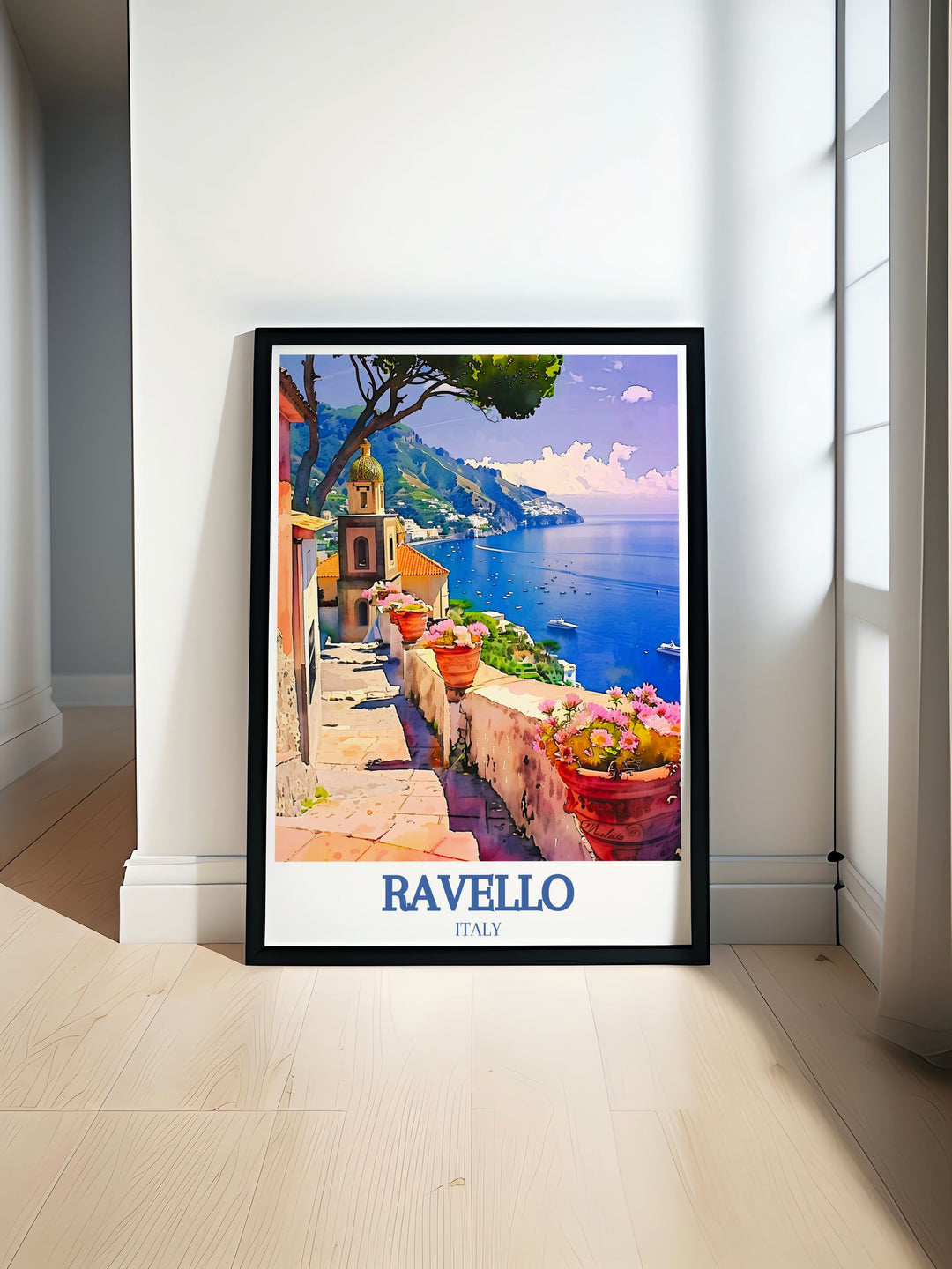 Villa Rufolo Amalfi coast print showcasing its historic architecture and lush gardens. Perfect for coastal wall art and Italy home decor this minimalist art print adds a touch of elegance to any living space making it an ideal travel souvenir and gift