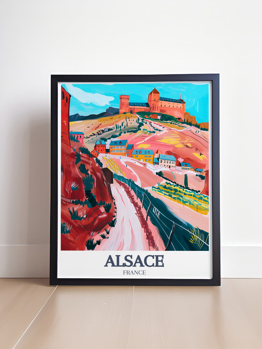 Beautiful Alsace Travel Print with Chateau du Haut Koenigsbourg and Alsace Wine Route. Perfect for adding a touch of elegance to your living room or office. A great Alsace gift idea for anyone who loves French culture and scenic landscapes.