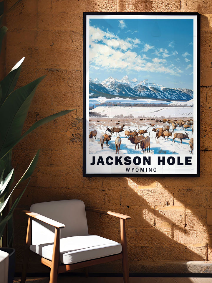 The vibrant colors and intricate details of Jackson Holes landscape and the National Elk Refuge are beautifully captured in this poster, celebrating the natural heritage of Wyoming.
