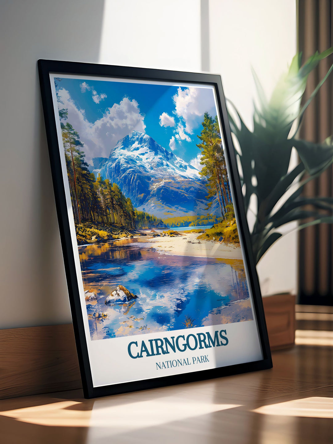 Highlighting the serene vistas of Cairngorms National Park and the bustling activity on Cairngorm Mountain, this travel poster is perfect for those who appreciate the scenic and historical richness of Scotland.