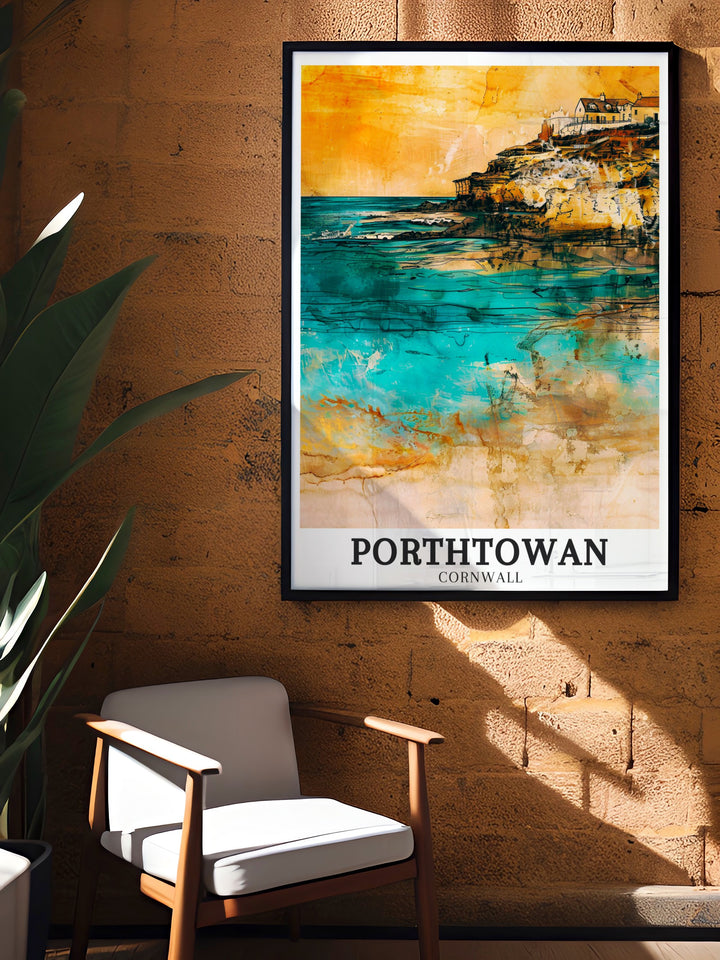 Beautiful Cornwall travel art depicting the stunning Porthtowan Beach and the tranquil atmosphere of Porthtowan Village. The print brings the rugged charm and natural beauty of Cornwalls coastline into your living space, making it a timeless addition to any home decor