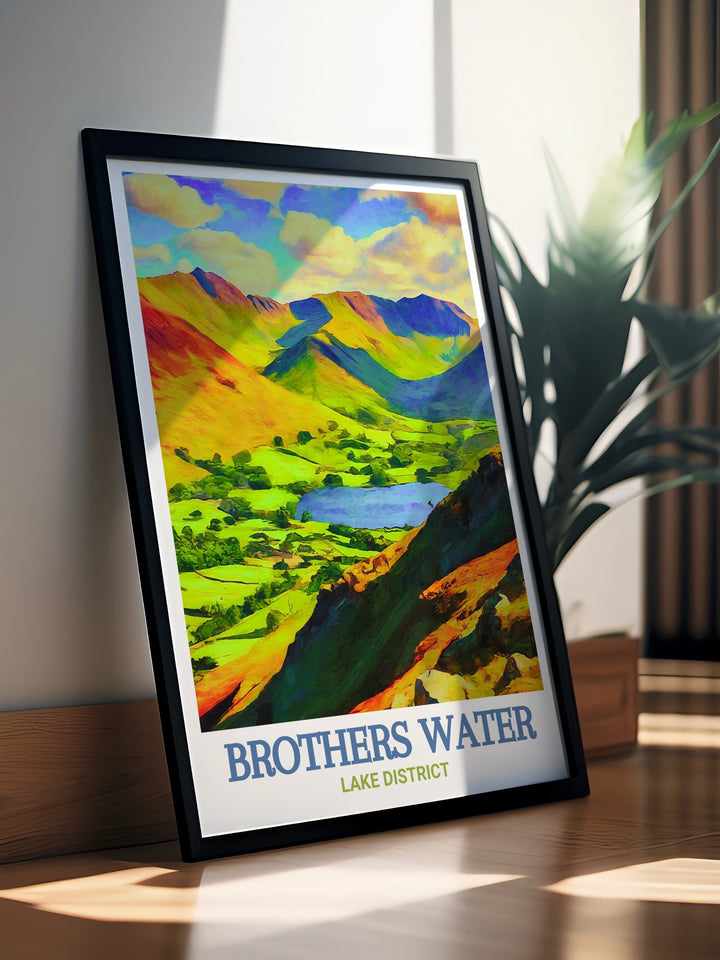 Brothers Water travel print captures the serenity of the Lake Districts hidden gem, with its reflective waters and surrounding hills. Perfect for those who appreciate Englands national parks, this artwork adds a calming presence to any room.