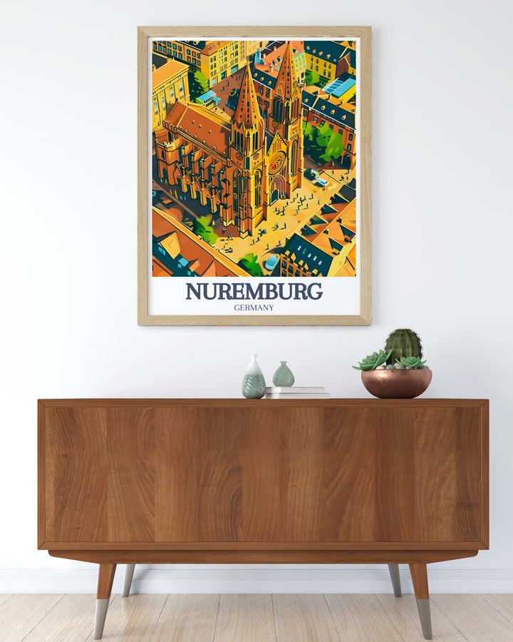 Experience the architectural splendor of Nuremberg with this detailed art print showcasing the magnificent St. Lorenz Church and the picturesque Old Town. This Germany wall art is perfect for those who appreciate European history and culture, adding elegance to any living space.