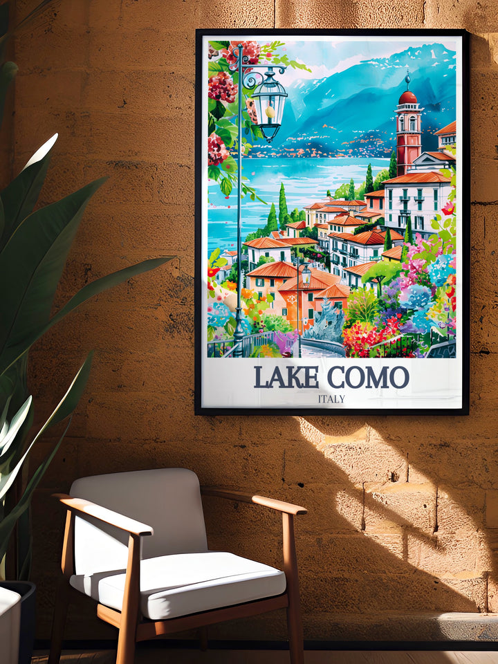 Elegant Lake Como Travel Print featuring Bellagio Lombard Pre Alps capturing the calmness of Italys northern lakeside paradise perfect for decorating any room or gifting to travelers or art lovers