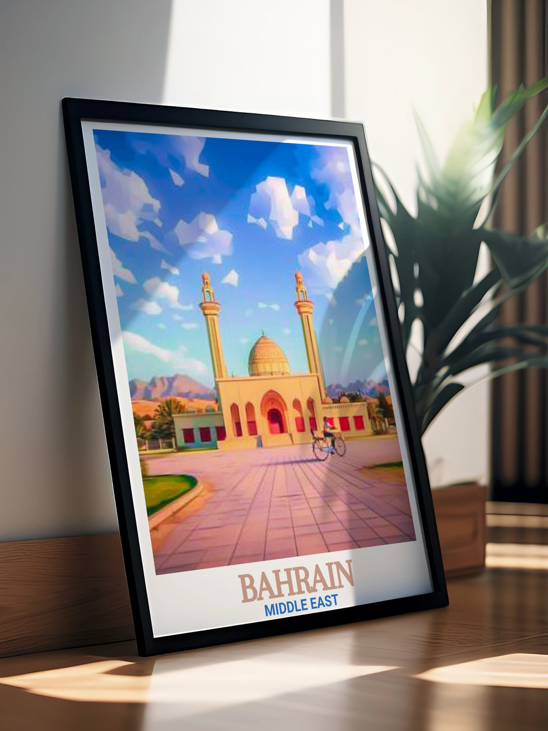 Stunning Bahrain Wall Art highlighting Al Fateh Grand Mosque against a backdrop of the Persian Gulf perfect for travel enthusiasts and art lovers looking to add a touch of the Middle East to their space.