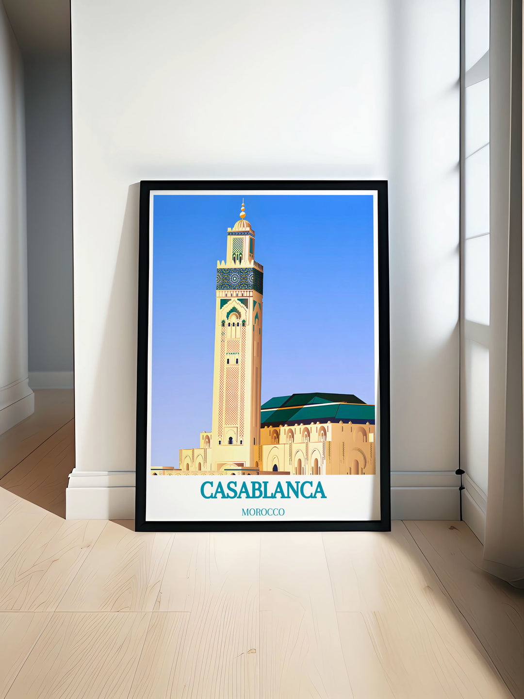 Featuring the stunning architecture of Hassan II Mosque and the bustling streets of Casablanca, this poster is ideal for those who wish to bring a piece of Moroccos cultural beauty into their home.