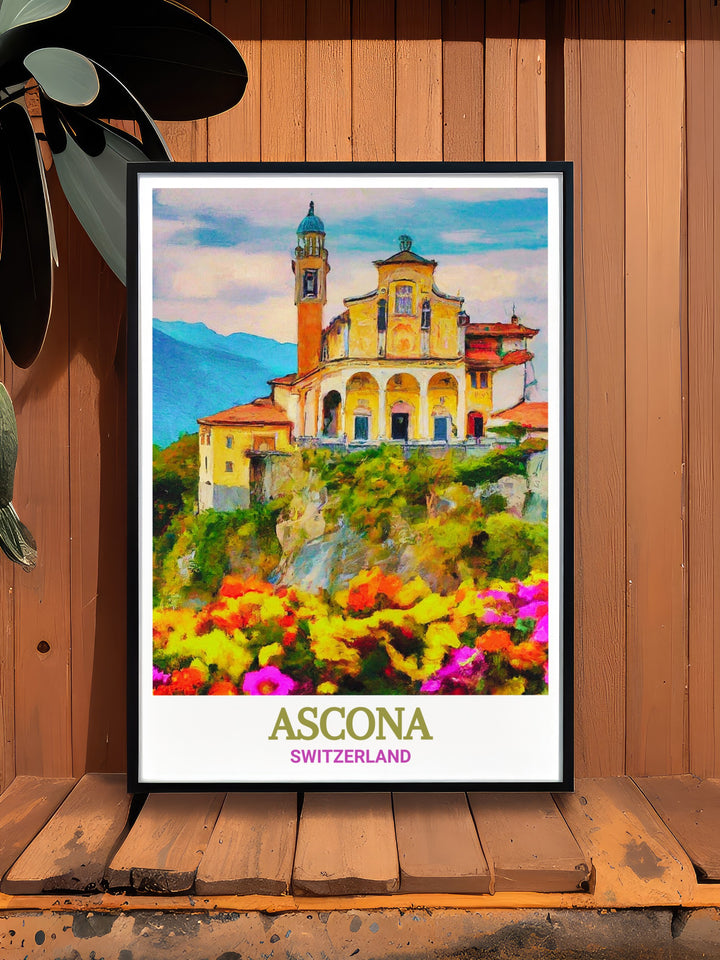 Canvas art showcasing the serene view of Lake Maggiore from Ascona, highlighting the peaceful ambiance of this Swiss town and its surrounding natural beauty.