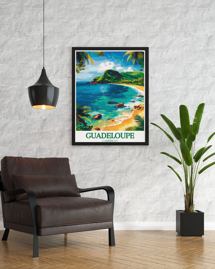 Featuring the vibrant landscapes of Guadeloupe, this travel poster highlights the islands stunning beaches and verdant rainforests. Perfect for those who appreciate tropical beauty, this artwork brings the exotic allure of the Caribbean into your living space.