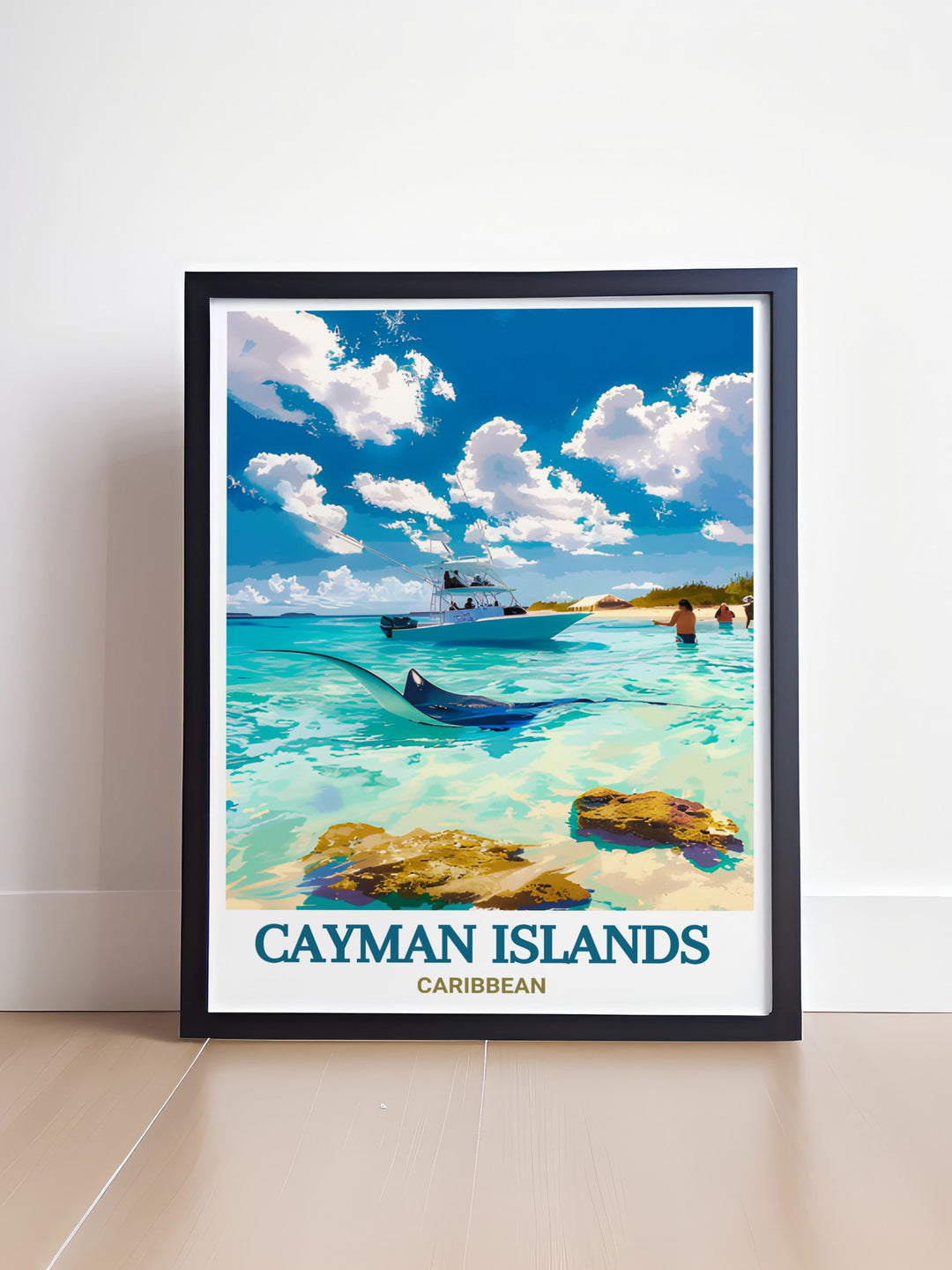 Cayman Islands art print of Stingray City highlighting the vibrant marine life and tranquil waters of the Caribbean available as a digital download and personalized gift ideal for travel enthusiasts and elegant wall decor lovers