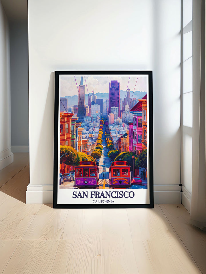 This illustration captures the steep hills of Taylor Street and the towering Golden Gate Bridge in San Francisco, creating a vivid representation of the Bay Areas most iconic scenes. Ideal for a stylish, modern home.