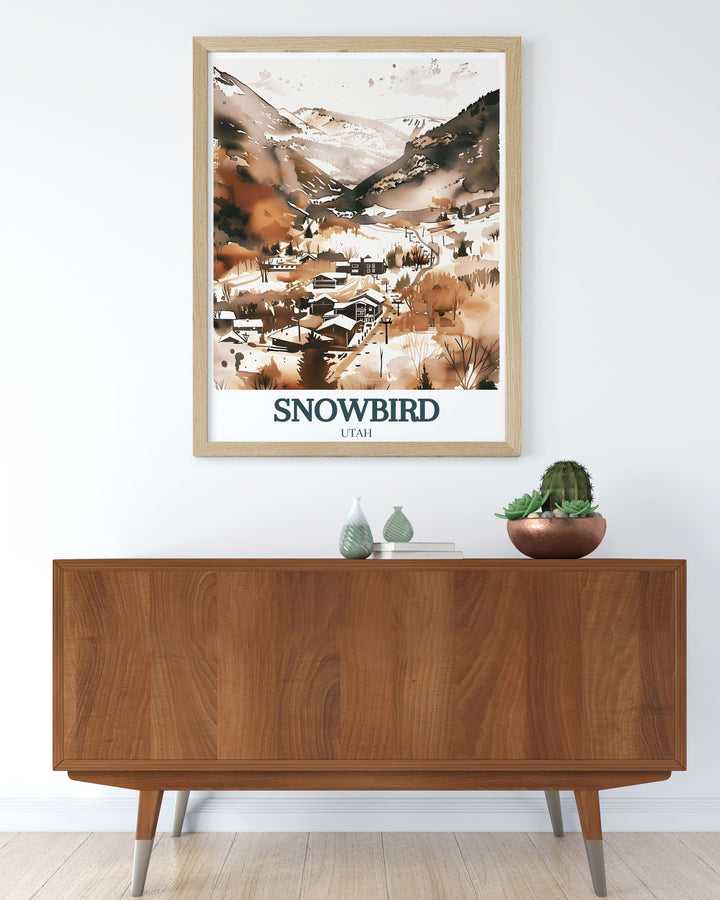 Hidden Peak and Cliff Lodge modern decor print depicting the serene snow covered mountains of Park City Utah. The artwork provides an elegant representation of Hidden Peak and Cliff Lodge, offering a refined addition to any room.