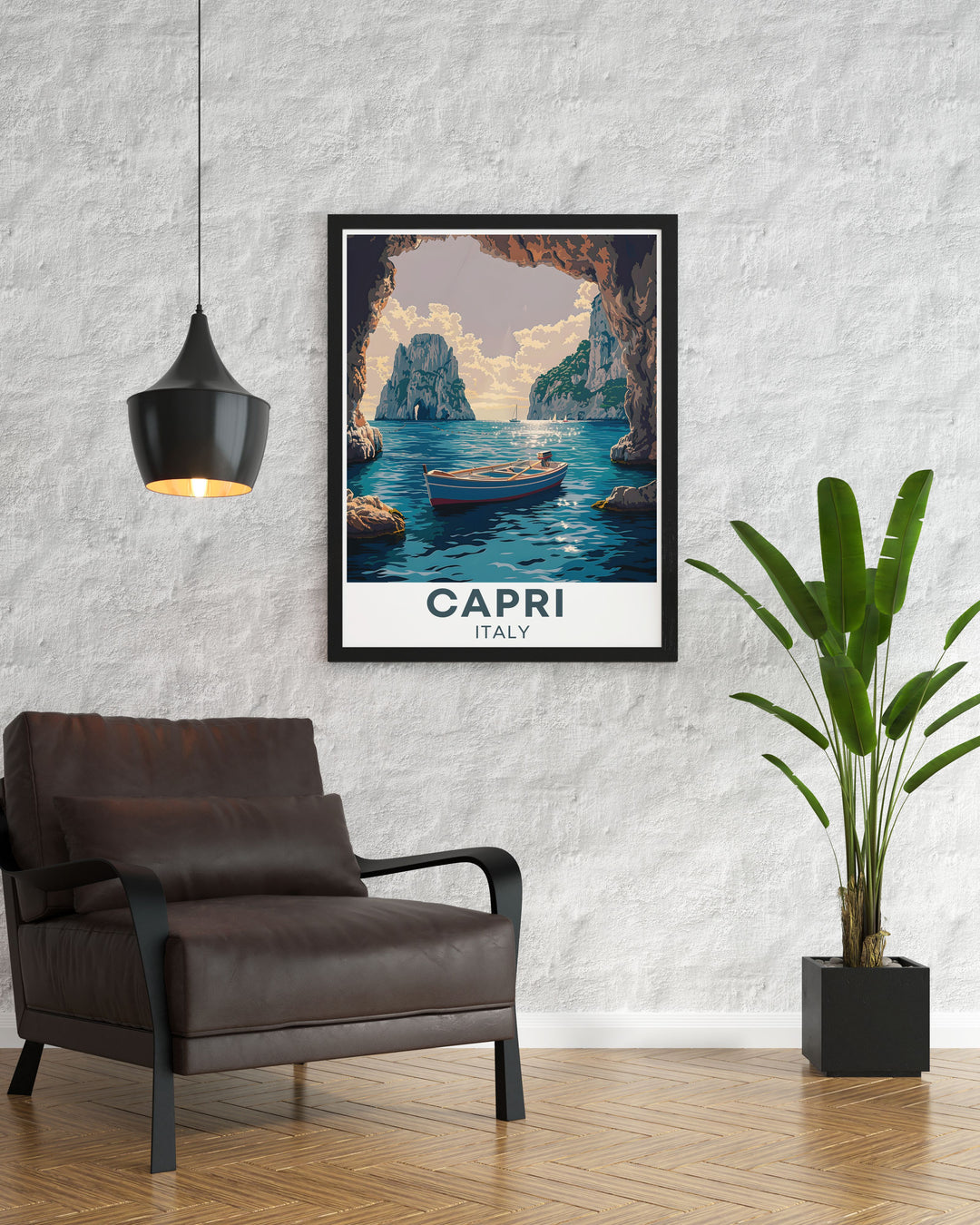 Showcasing the enchanting island of Capri, this travel poster highlights the dramatic cliffs and lush gardens that make it a favorite retreat. Ideal for adding a touch of Italian charm to your home decor and celebrating the islands natural beauty.