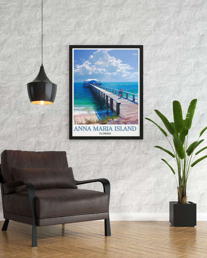 Transform your home with this beautiful Florida Anna Maria City Pier art print. Perfect for any room, this Florida wall art blends modern décor with the timeless beauty of the iconic pier and coastal waters to create a serene and elegant atmosphere.