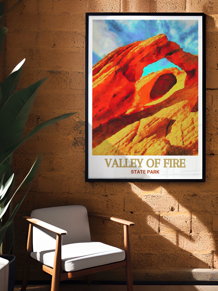 Valley of Fire State Park art print featuring Arch Rock. This vibrant and detailed artwork captures the unique red sandstone formations and the majestic beauty of Arch Rock. Perfect for adding a touch of Nevadas natural landscape to your home decor.