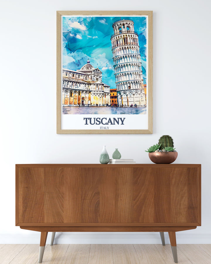 A stunning Tuscany travel print capturing the iconic Leaning Tower of Pisa against the vibrant backdrop of Piazza dei Miracoli. This art print is perfect for lovers of Italian architecture and those wanting to bring a piece of Italys charm into their home.