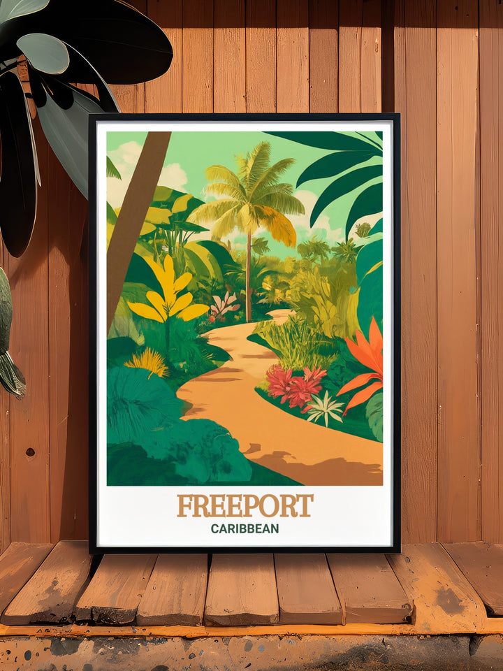 Highlighting the lush greenery and sparkling waters of Freeport and the Garden of the Groves, this art print brings the essence of Caribbean decor into your home, making it an ideal piece for those who appreciate vibrant landscapes and peaceful settings.