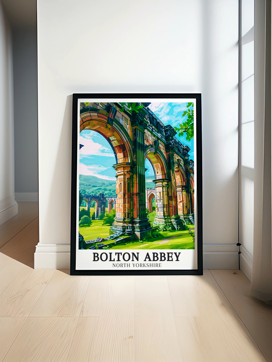 Explore the history of Bolton Abbey with this art print, capturing the ruins set against the lush Yorkshire Dales. Perfect for adding a touch of Englands rich heritage to your home, this detailed print showcases the abbeys majestic arches and tranquil surroundings