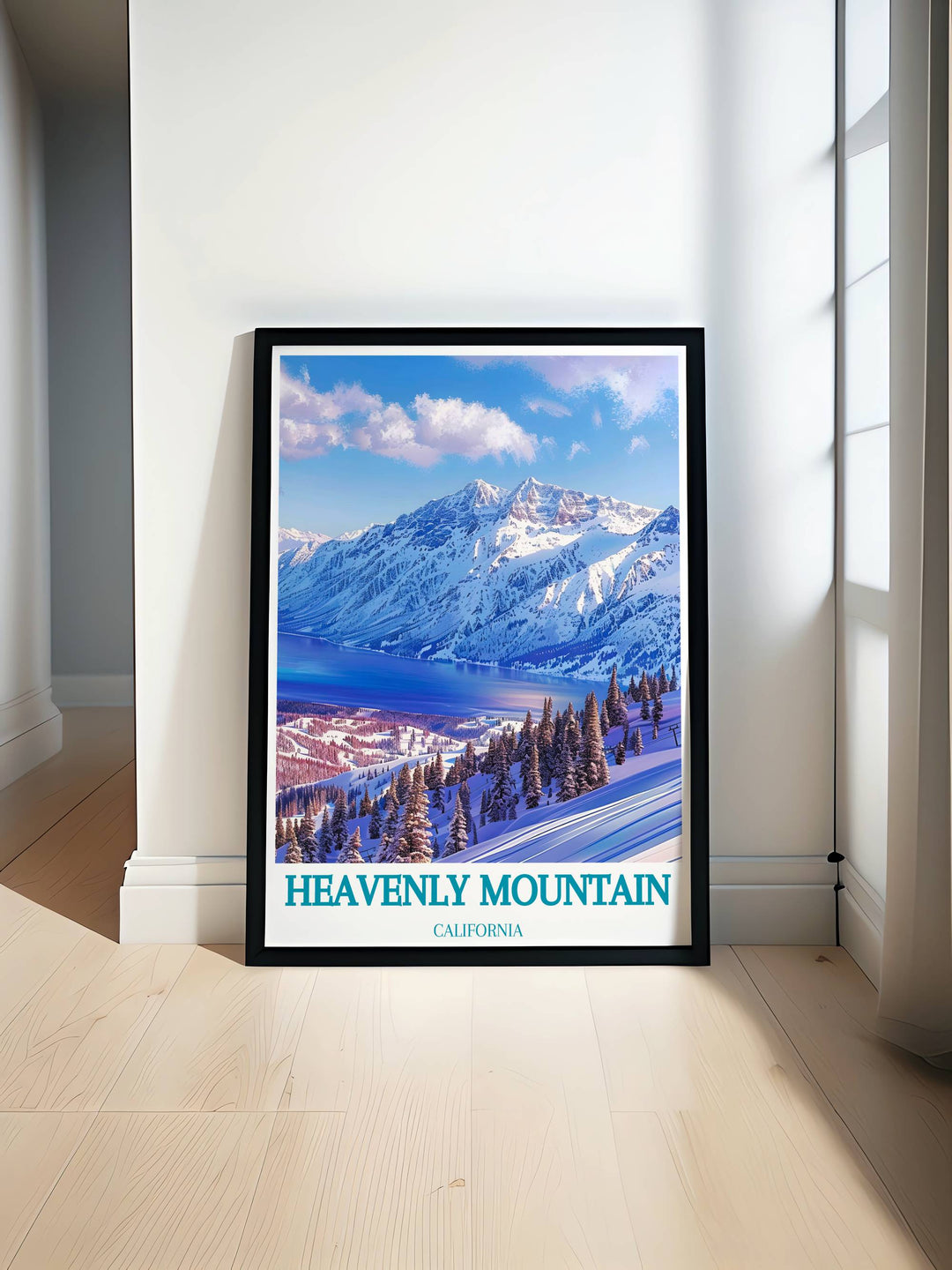 Majestic view of Heavenly Ski Resort displaying snow covered mountains and skiers on the pristine slopes. This artwork showcases the beauty of winter with its clear blue sky and snowy terrain. Ideal for those who appreciate the excitement of skiing and the serene beauty of alpine landscapes. Perfect for adding a touch of winter adventure to your home or office decor.