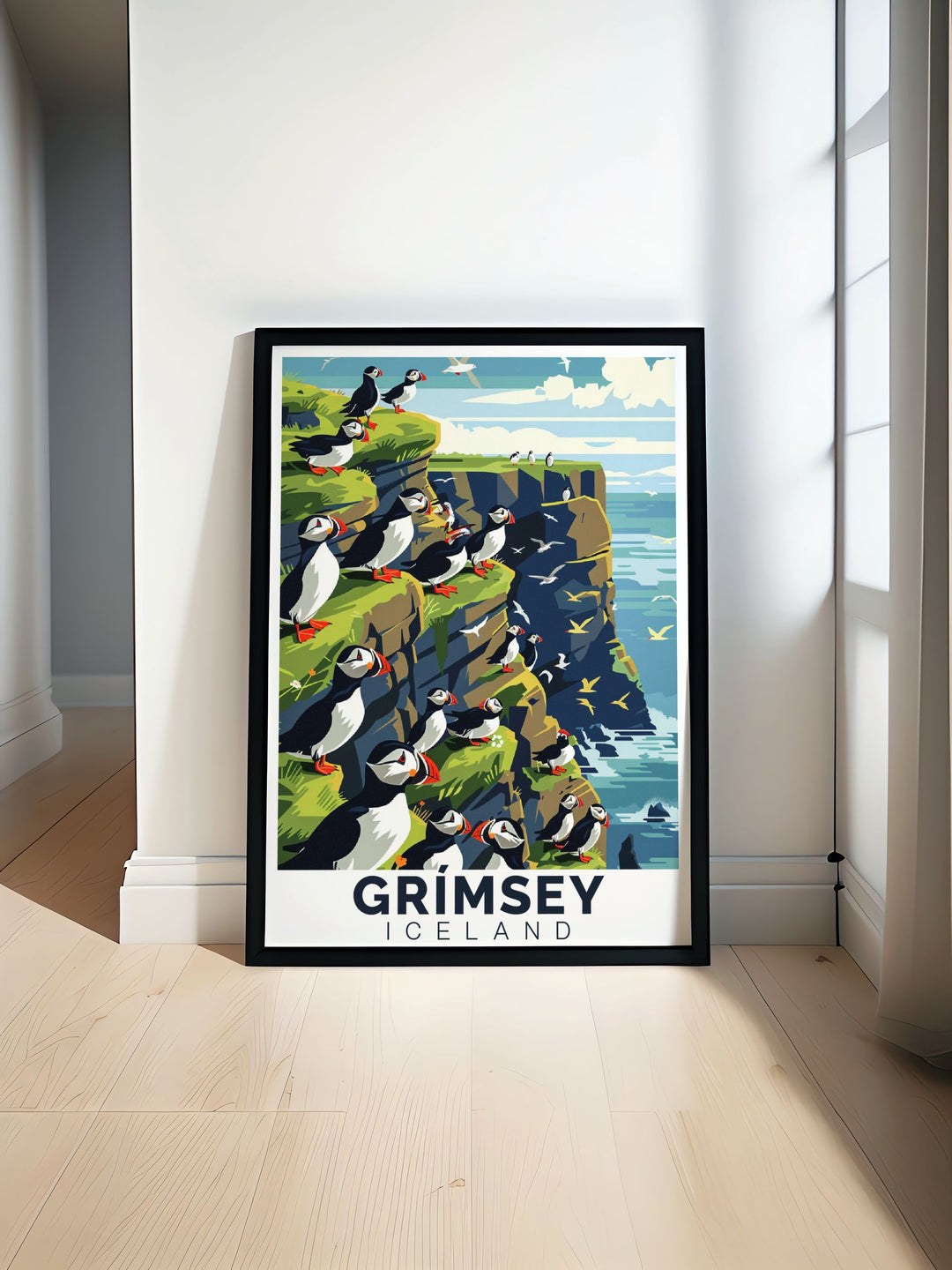 Featuring the historic Grímsey Lighthouse and the vibrant puffin colonies, this travel poster brings the islands natural beauty and rich history into your home decor.