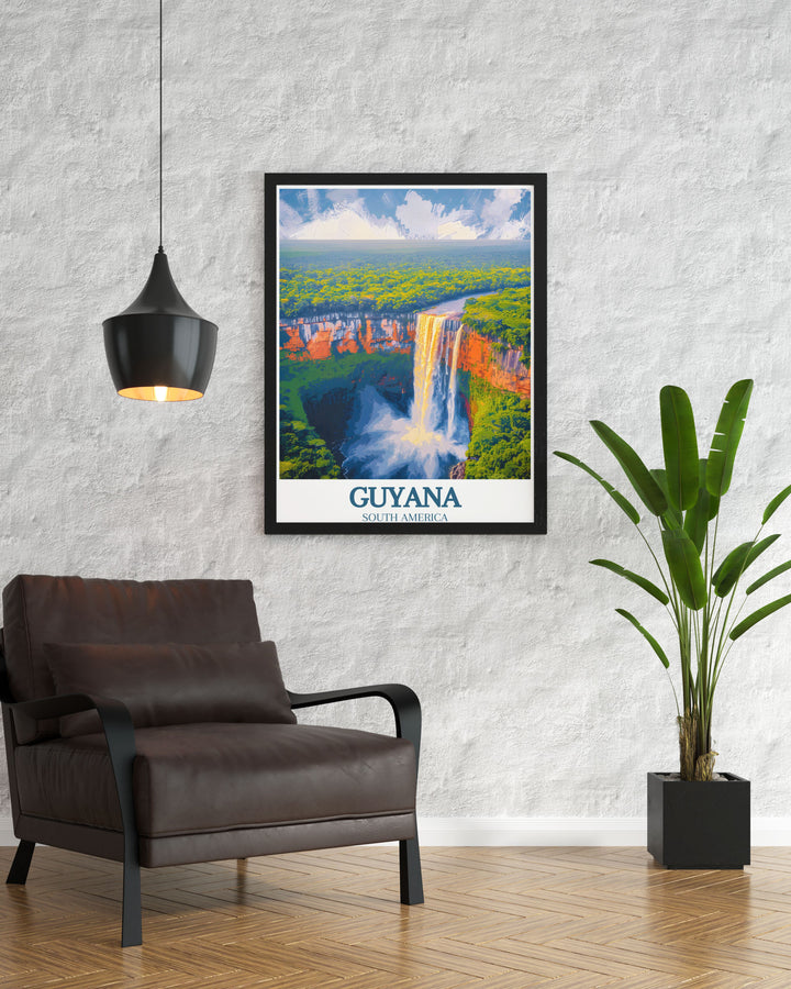 This detailed travel poster of Kaieteur Falls in Guyana captures the majestic beauty of the worlds largest single drop waterfall, perfect for adding a touch of natural wonder to your home decor.