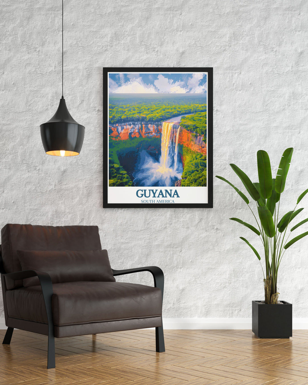 Perfect for nature lovers, this Kaieteur Waterfall Vintage Poster brings the dramatic landscapes of Guyanas Amazon Basin to life, offering a vivid glimpse into the natural wonders of South America.