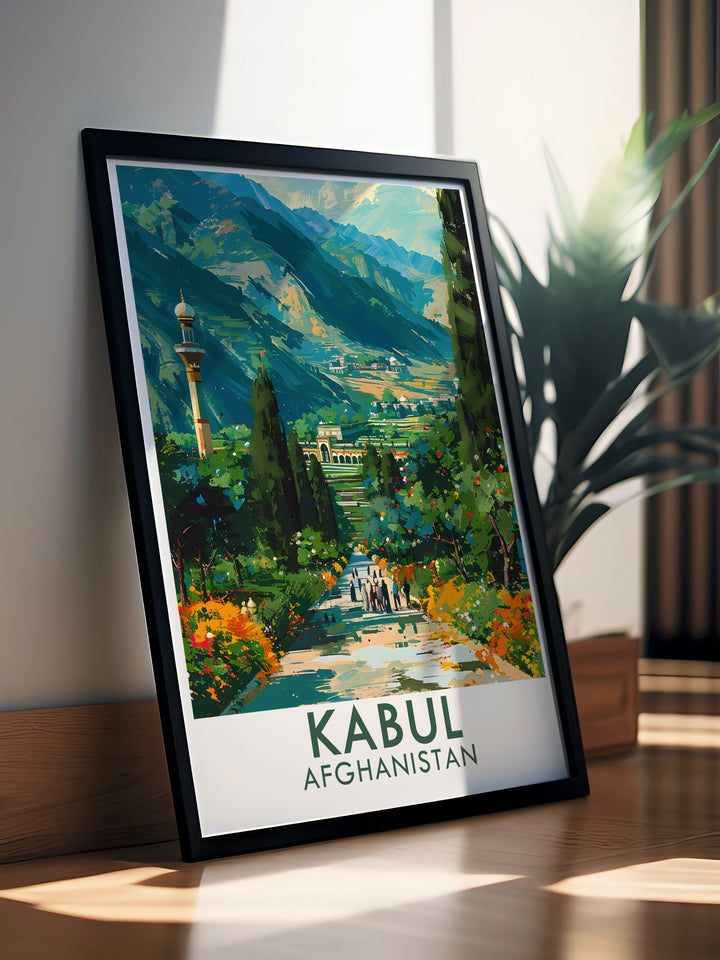 Captivating art print of Baburs Garden, featuring the elegant Mughal architecture and lush landscapes. This piece celebrates the historical and cultural heritage of Kabul, making it a thoughtful gift for friends who appreciate fine art.