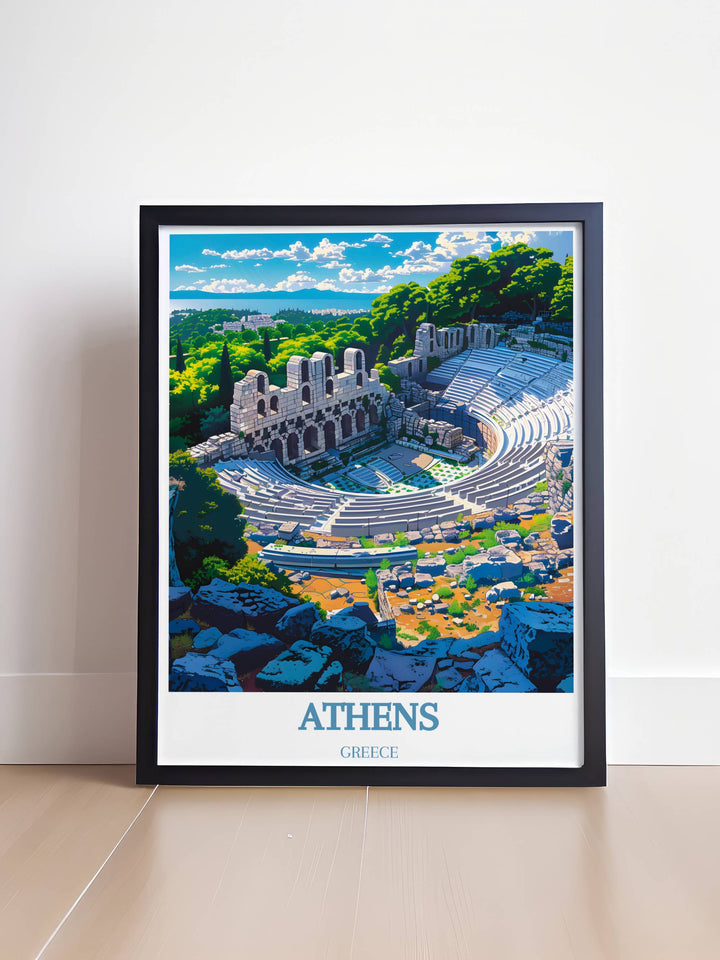 Panoramic view of the Theatre of Dionysus, showing its timeless stone structure against the backdrop of modern Athens.