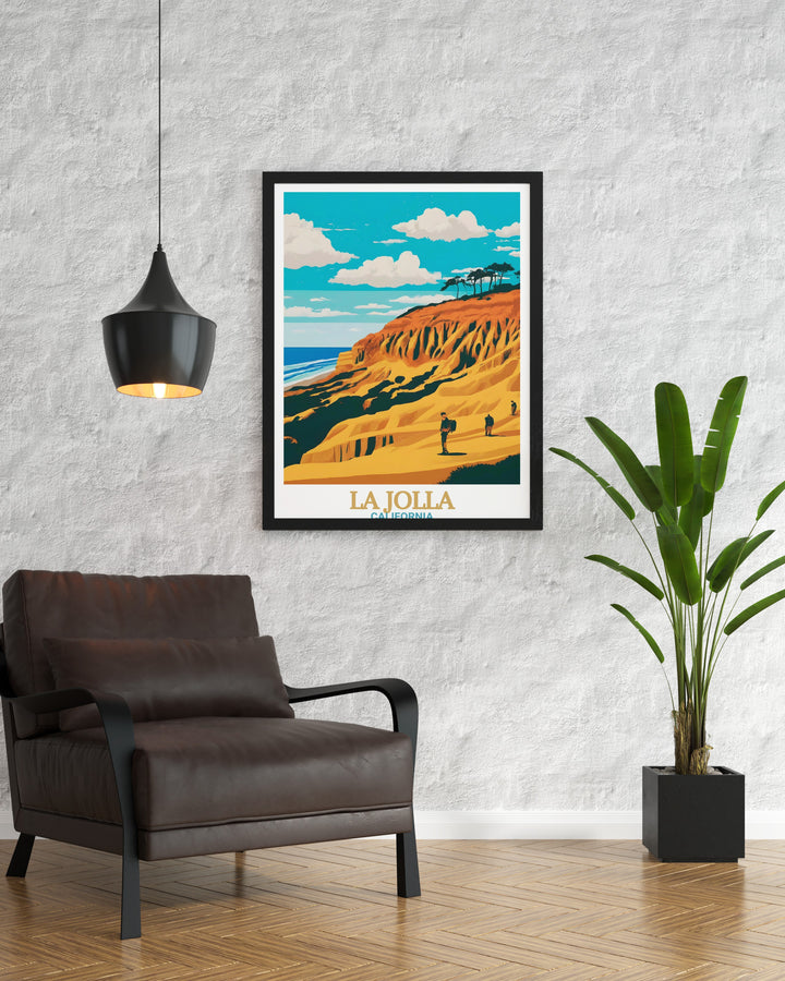 La Jolla Cove Wall Art features the tranquil waters of La Jolla paired with the towering cliffs of Torrey Pines. This artwork brings a piece of Californias most beautiful coastline into your home, offering a visual escape to the peaceful shores of the Pacific Ocean.