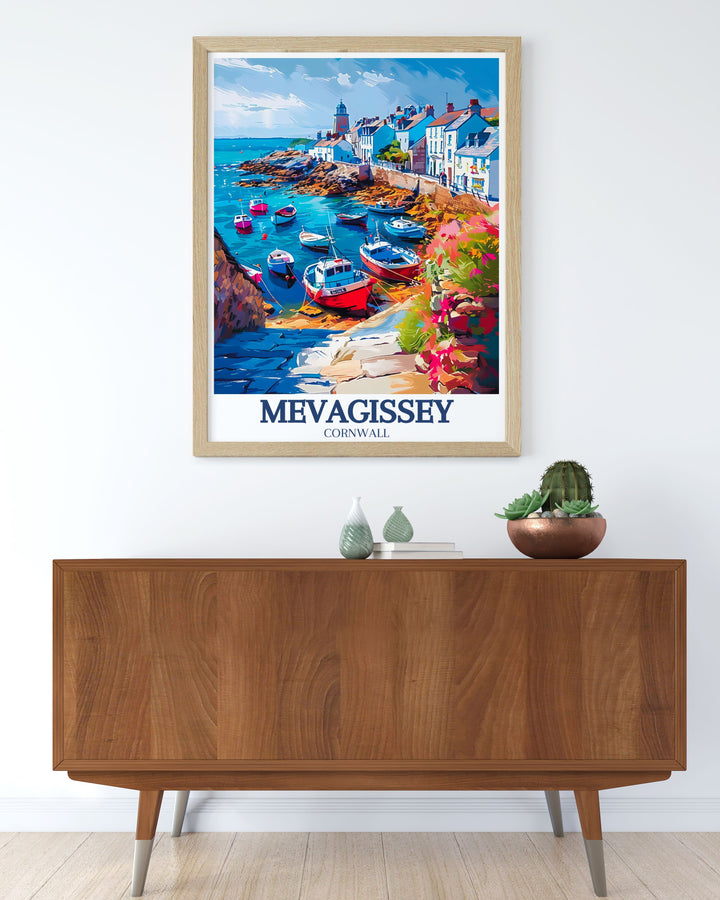 Highlighting the scenic beauty and historical landmarks of Mevagissey, this poster captures the villages vibrant culture and charming streets. Perfect for those who appreciate the blend of natural beauty and historical significance, this artwork brings the charm of Mevagissey into your home.