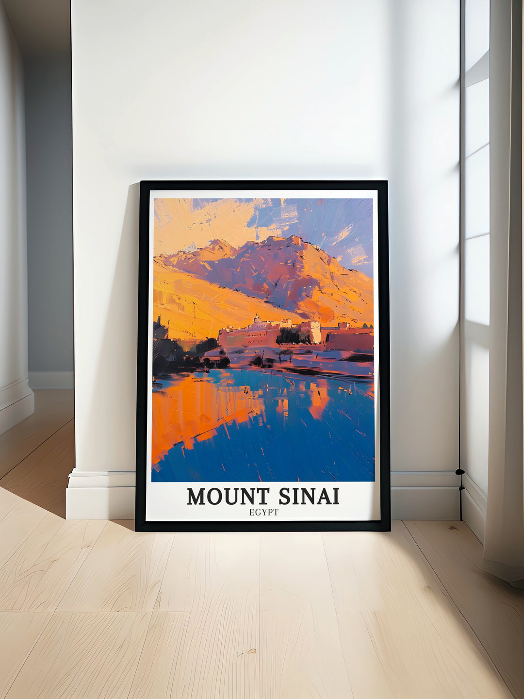 Mount Sinai Print featuring the breathtaking Sinai High Mountain Range and the historic Monastery of Saint Catherine in Egypt perfect for adding a touch of spiritual history to your home with Jabal Musa as the centerpiece of this timeless wall art