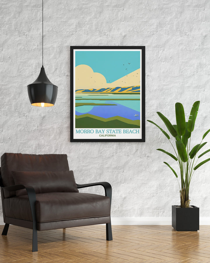 Celebrate the stunning coastline of Morro Bay with this travel print, featuring the golden sands of Morro Bay State Beach and the calm waters of the estuary. The artworks bold colors and fine line details make it a standout piece for any wall.