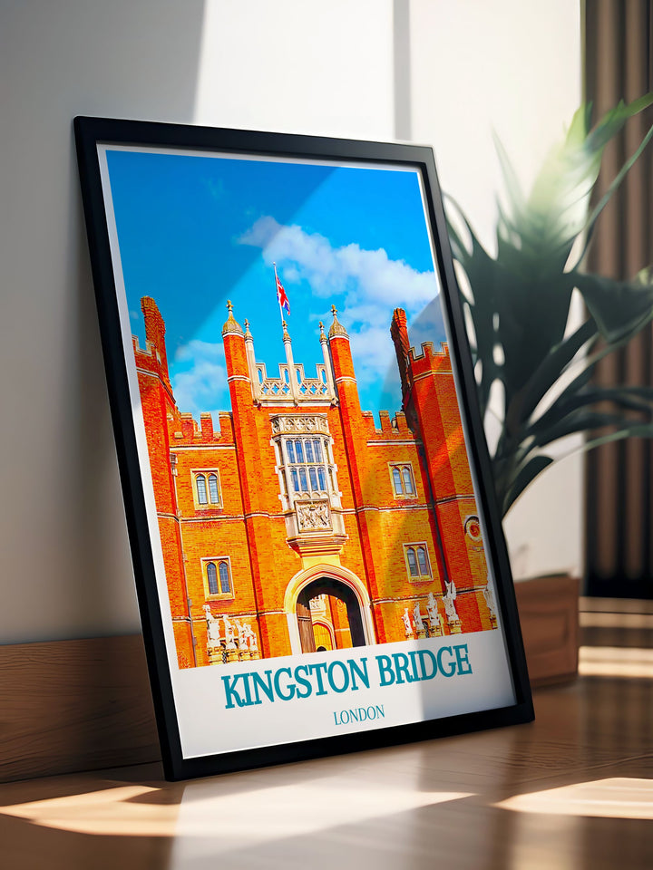 The travel poster of Kingston Bridge and Hampton Court brings the historical depth and picturesque environment of these iconic structures into your home, emphasizing their architectural beauty.