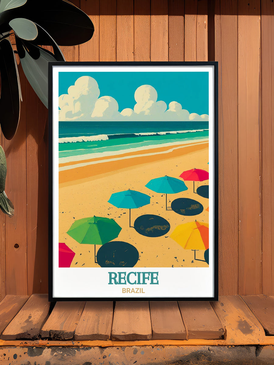 Brazils Boa Viagem Beach displayed in a stunning art print. The artwork highlights the picturesque shoreline of Recife with its clear blue waters and bright sunshine, ideal for adding a touch of South American charm to your home or office.