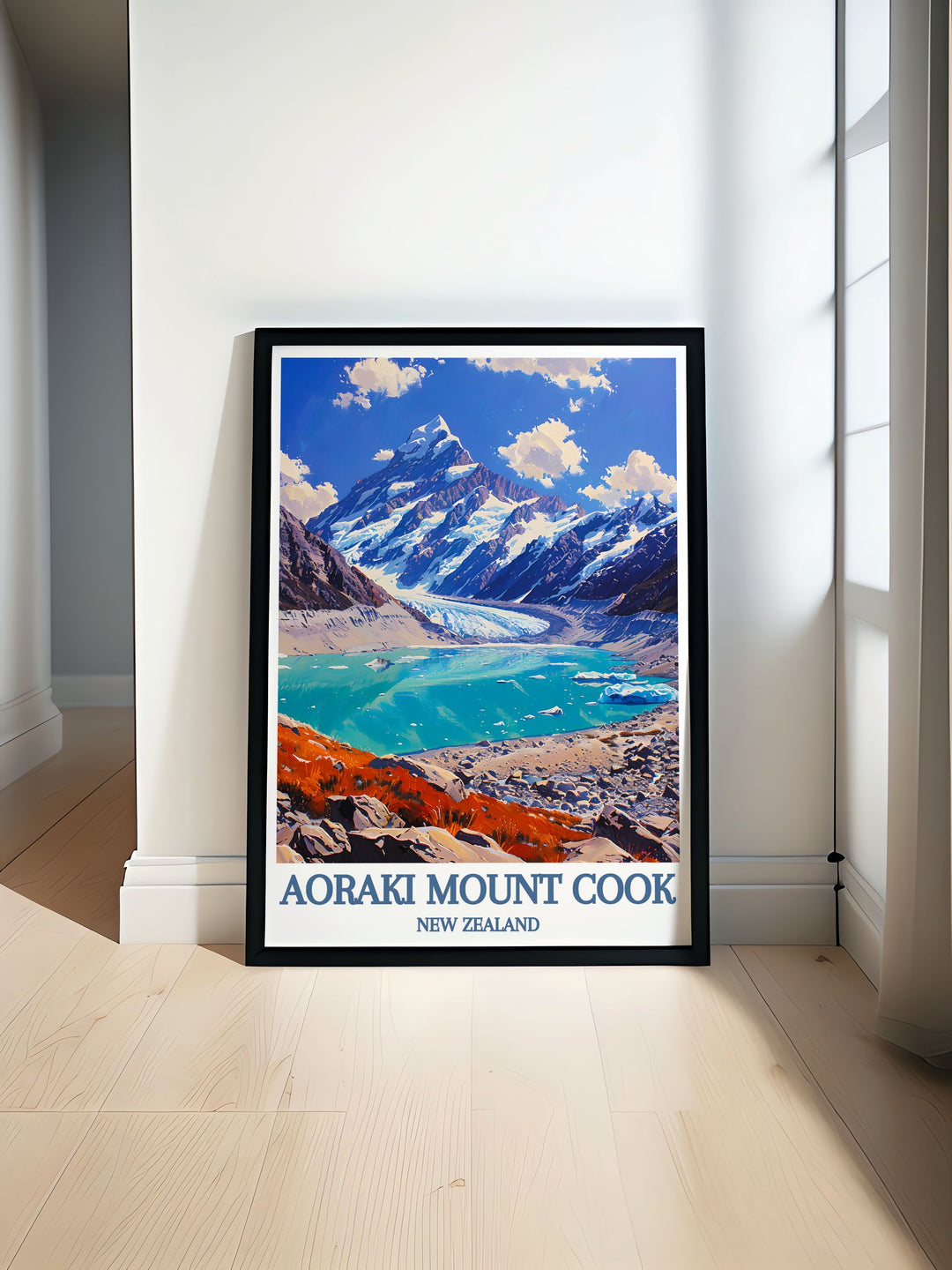 Wall art of Lake Pukaki reflecting the grandeur of Aoraki Mount Cook, framed by the lush landscapes of New Zealands South Island, perfect for enhancing any modern decor.