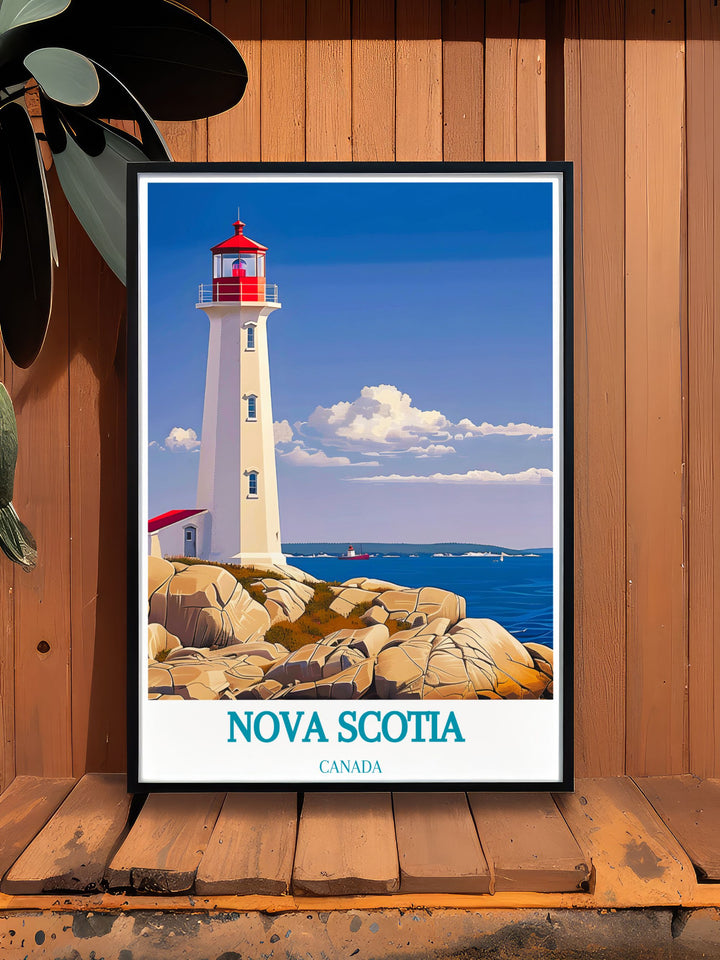 Charming Peggys Cove travel poster featuring the stunning views of Nova Scotia. Enhance your home decor with this vibrant print that celebrates Canadas natural beauty and serves as a perfect gift for those who enjoy traveling.