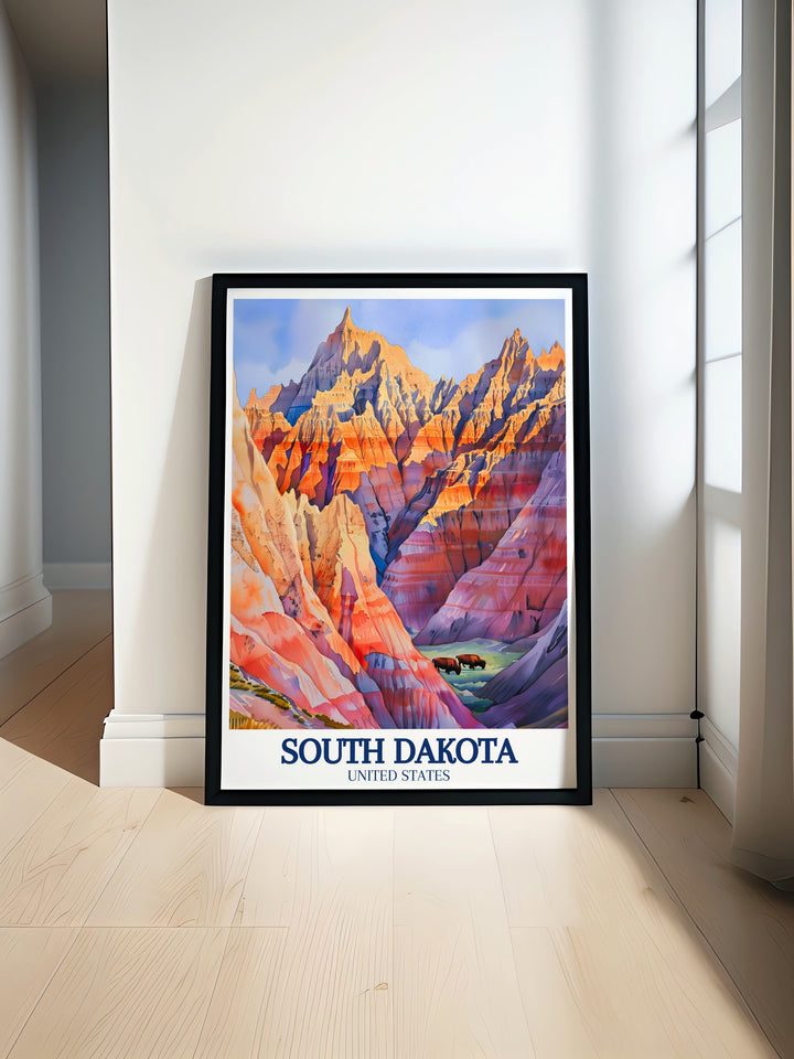 South Dakota print featuring bison in Badlands National Park perfect for elegant home decor and stunning living room art ideal for traveler gifts and unique wall decor