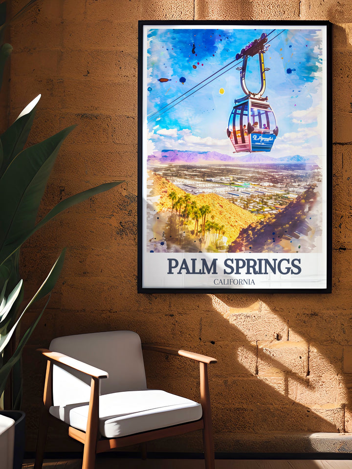 Palm Springs Wall Poster showcasing the iconic Palm Springs Aerial Tramway, ascending to the San Jacinto Mountains, with Coachella Valley stretching below. This travel print brings the best of Californias landscapes into any home.