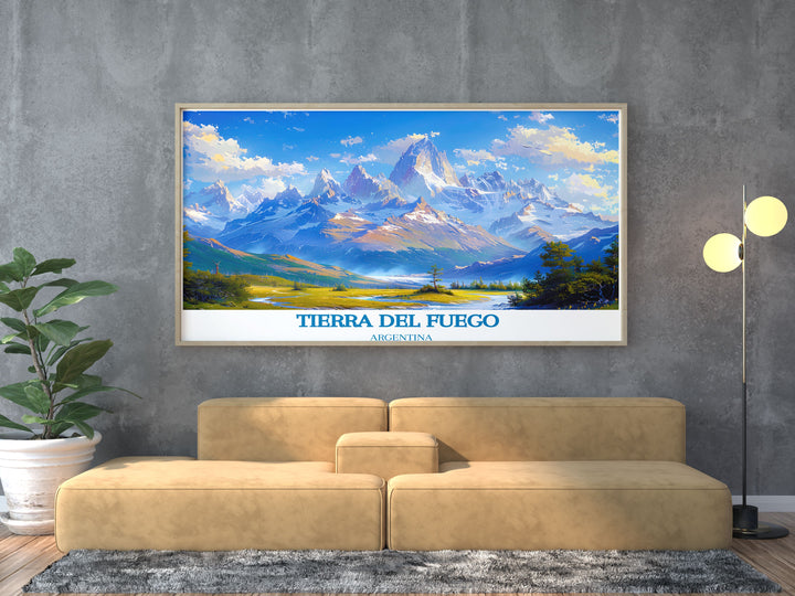 Capture the majestic peaks of the Andes in Tierra del Fuego with this detailed art print, perfect for nature lovers and adventurers.
