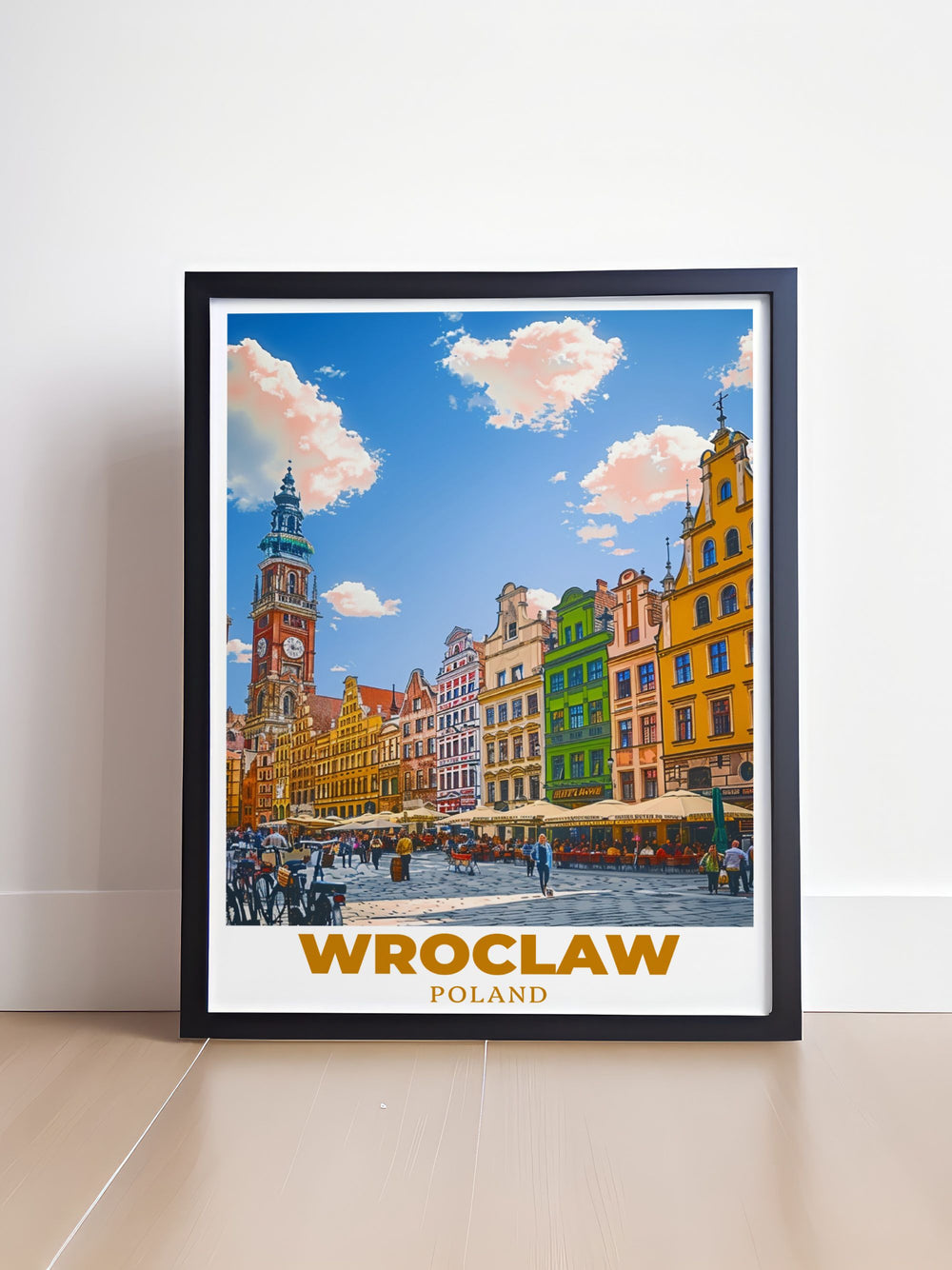 A stunning wall print that features the lively atmosphere of Wroclaws Market Square, adorned with colorful buildings and historic landmarks. This artwork beautifully captures the charm and vibrancy of Poland, perfect for travel enthusiasts.