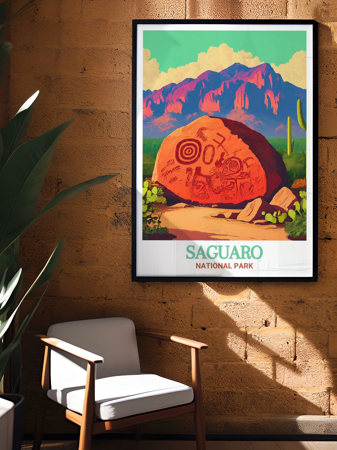 Relive the rich history and stunning landscapes of Arizona with this vintage poster, highlighting the cultural and natural beauty of Saguaro National Park and Signal Hill Petroglyphs, ideal for creating a warm, inviting atmosphere in your home.