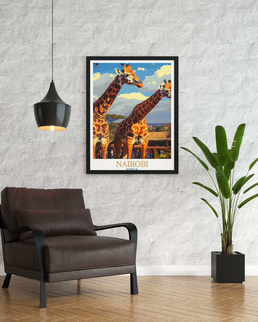 Modern Nairobi art prints showcasing the unique blend of urban and natural beauty in Kenya including framed artwork from the Giraffe Centre perfect for sophisticated home decor