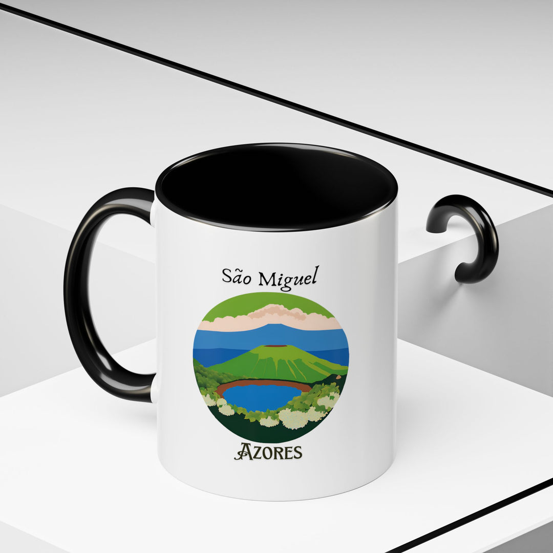 A premium São Miguel mug displaying the island's scenic beauty in vibrant detail. Made from durable ceramic, dishwasher and microwave safe, combining practicality with artistic expression for everyday enjoyment or special occasions, celebrating São Miguel's unique spirit.